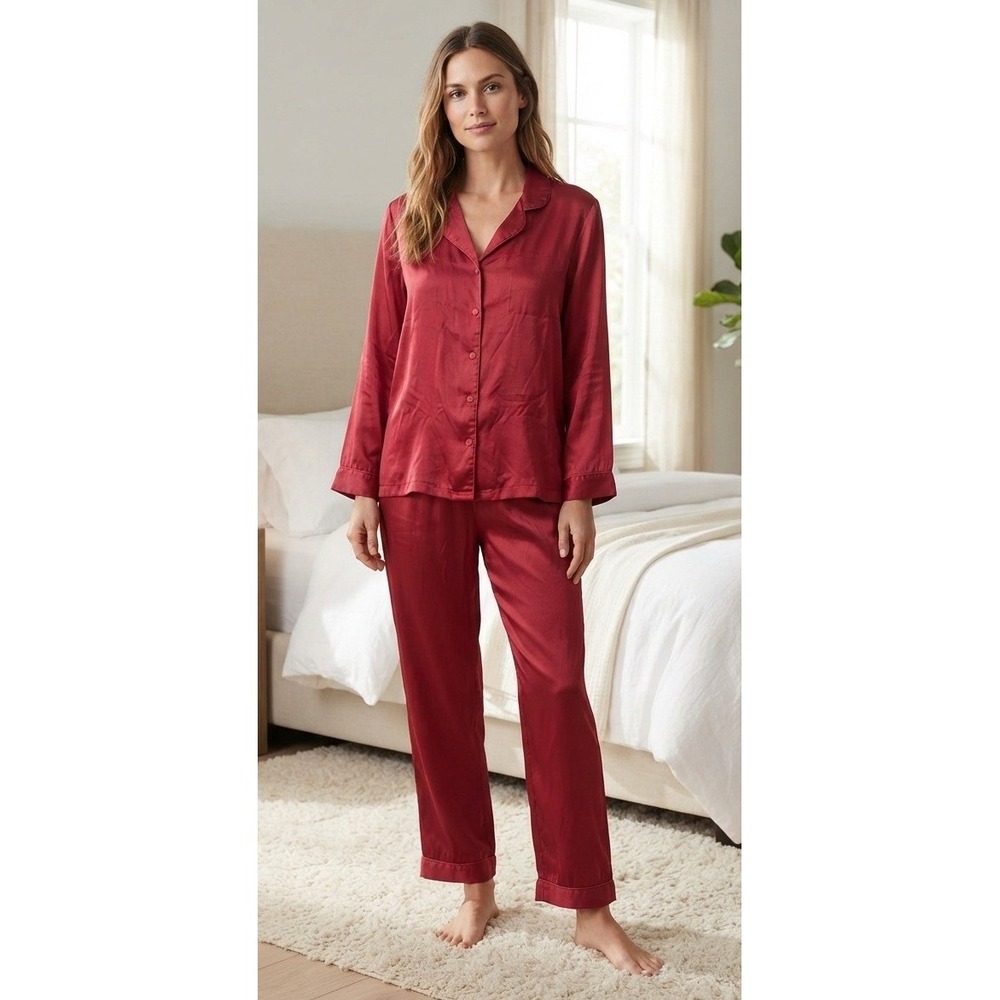 Texere Silk Hand Painted Pajama Set Women's XL Petite Red 100% Silk Classic Cozy